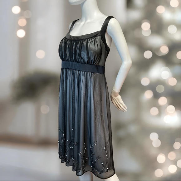 S.L. Fashions Womens Size 16 Silver Gray Lined Beaded Sequin Black Mesh Dress - Picture 2 of 4